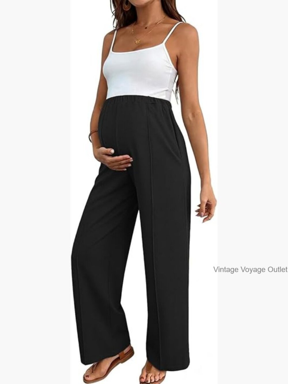 Maternity Work Pants Adjustable Waist Wide Leg Waffle Knit Trousers Pockets